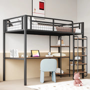 OKWISH Letto a Soppalco 90×200 cm, Letto Singolo con Scala a Gradini, Scrivania e Mensole, senza Materasso, in Metallo, Nero