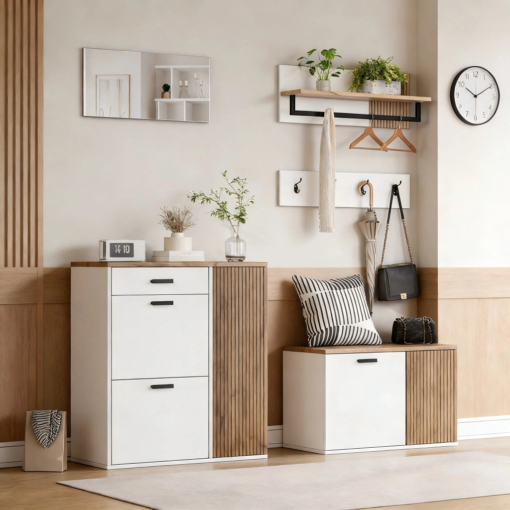Composizione ingresso 5 pezzi con scarpiera; panca; specchio e 4 ganci; bianco e rovere