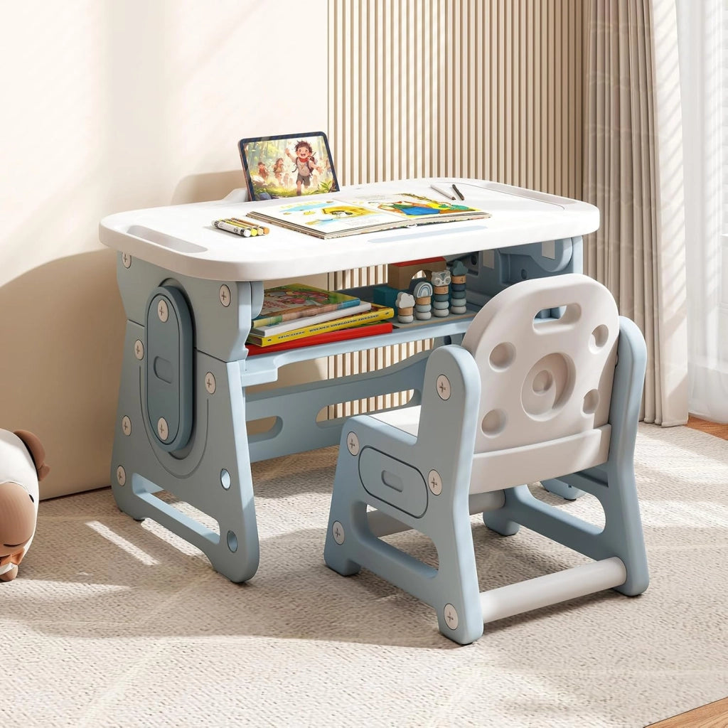 Set Tavolo e Sedia per Bambini 3+ Anni, Tavolo Regolabile in Altezza con Lavagna Inclinabile, Sedia Ergonomica, Supporto per Libri e Ripiano Concavo, per Disegnare e Leggere (Blu)