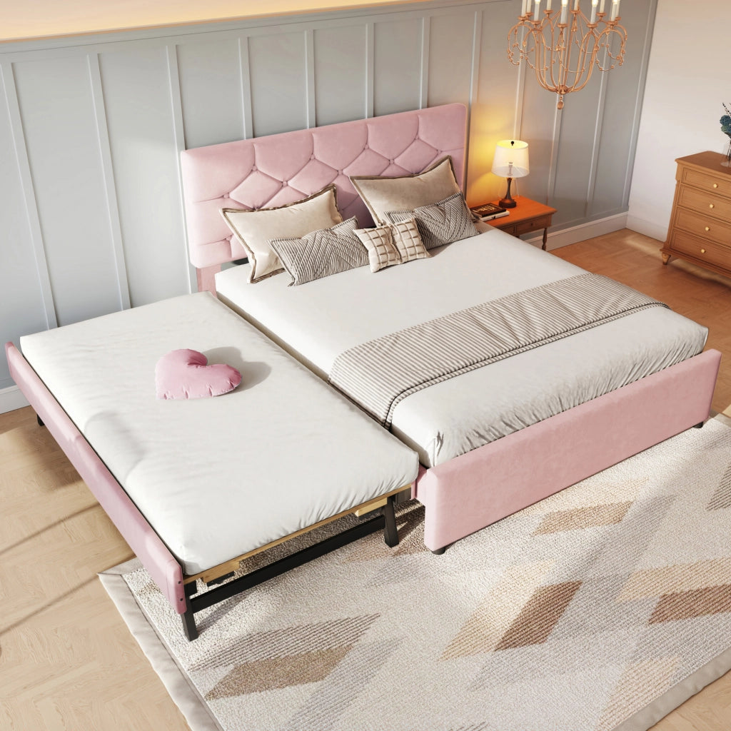Letto imbottito 140x200 cm con rete a doghe e letto estraibile, rosa