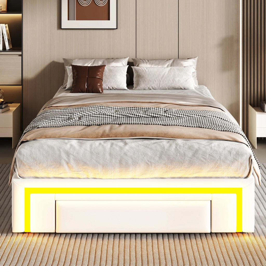 LETTO 90x200 cm senza testiera con cassetti, LED, PU bianco
