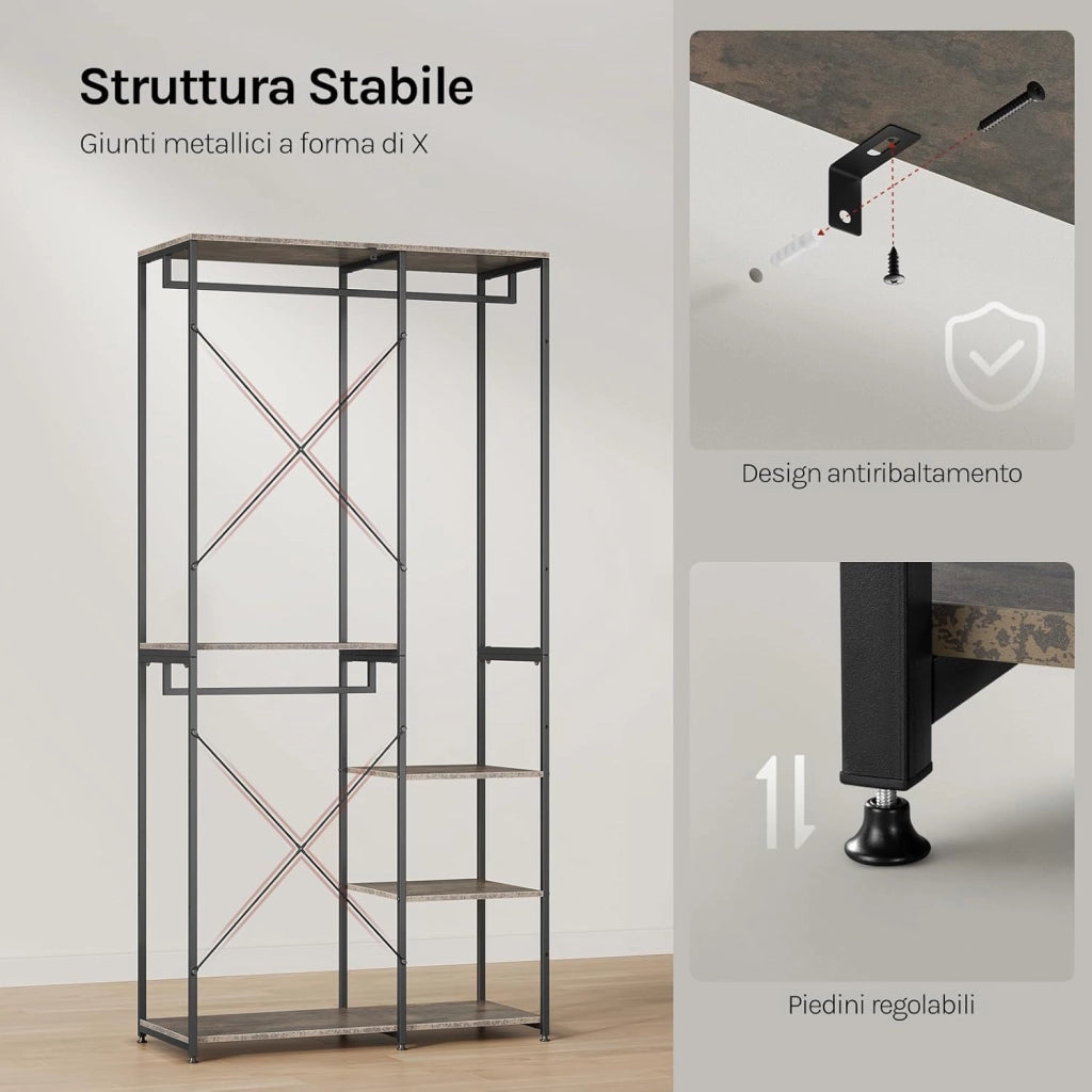 Porta Abiti in MDF e Acciaio, Appendiabiti con Scaffali, Attaccapanni Moderno, Guardaroba Armadio Nero 90x40x204,5 cm