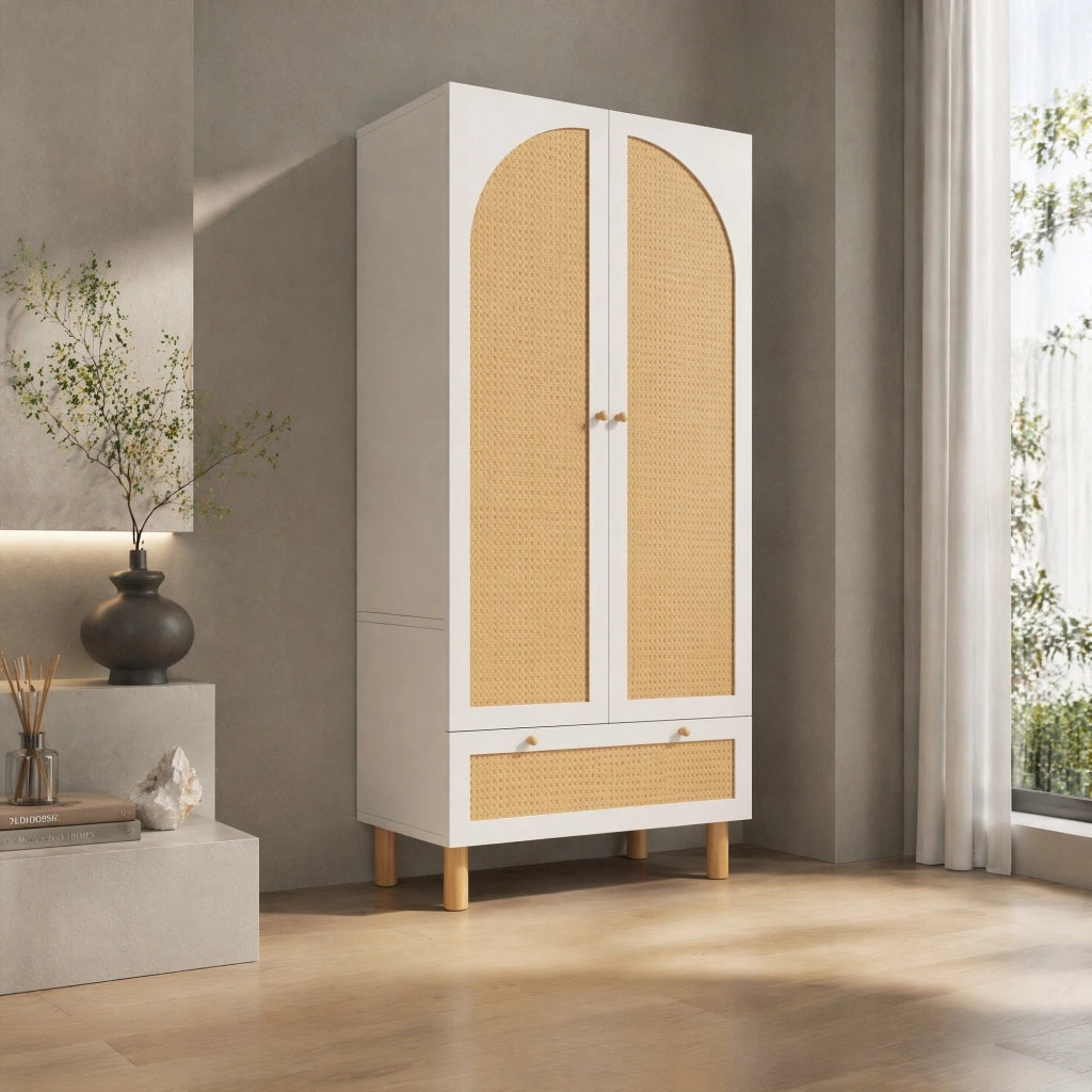 ARMADIO 180.5x85.5x52 cm Bianco con rattan, 2 porte e cassetto