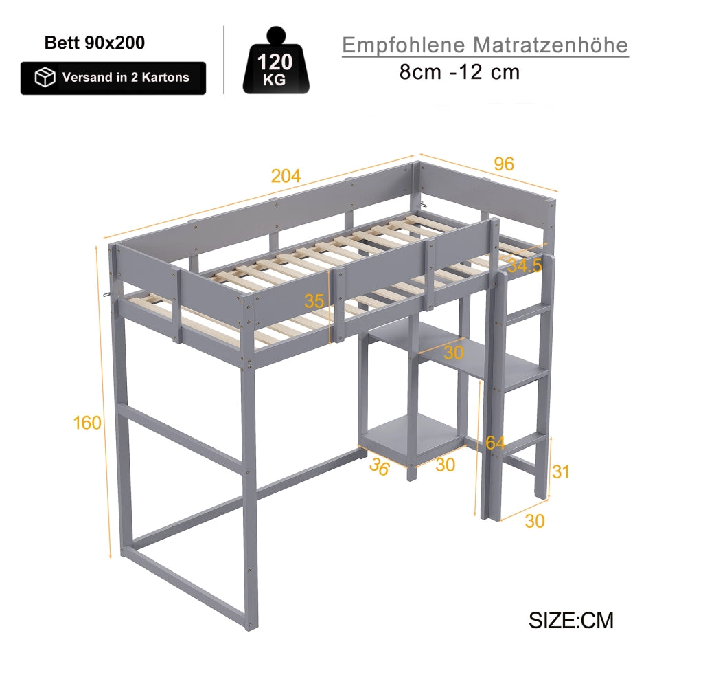 Letto a soppalco 90x200 cm con ripiano; in legno massello di pino; grigio