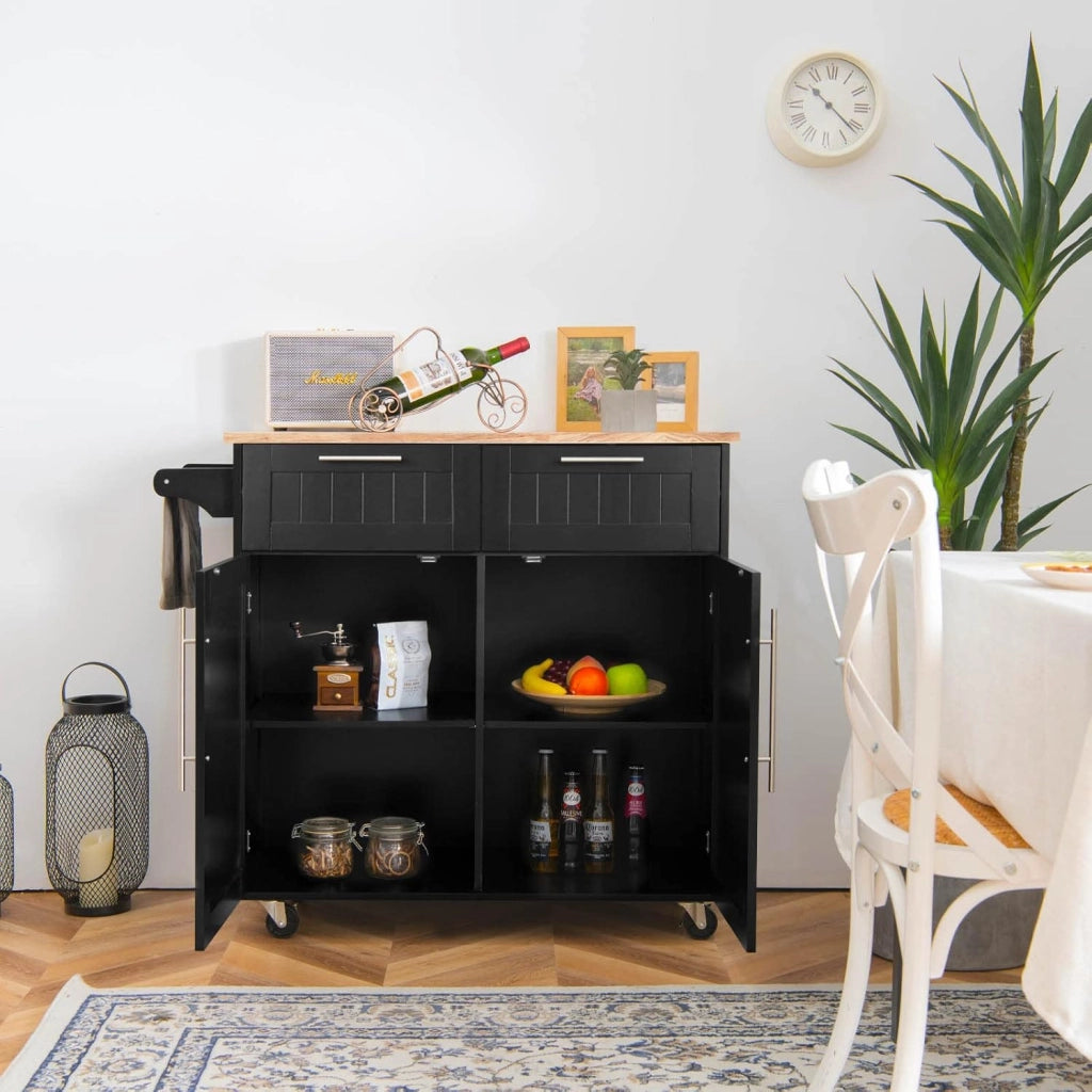Carrello da Cucina in Legno con Piano di Lavoro, Armadio da Cucina su Ruote, Carrello da Portata con Portasciugamani e 2 Cassetti, Isola da Cucina Mobile, 3 Colori