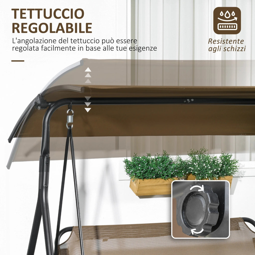 Dondolo da Giardino 3 Posti 172x110x153 cm con Copertura Regolabile in Acciaio e Poliestere Marrone e Grigio