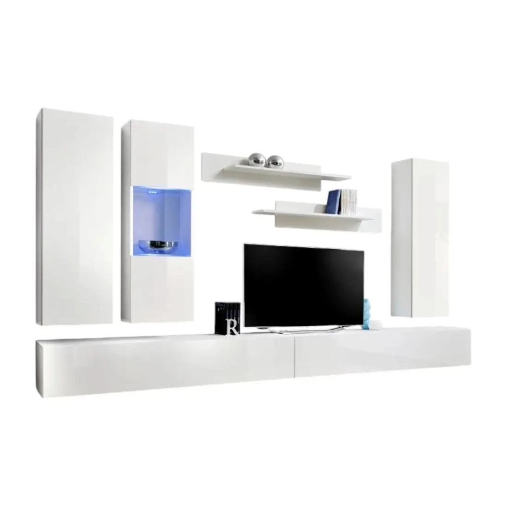 Mobile TV FLY E5 design, colore bianco lucido. Mobile sospeso moderno e alla moda per il tuo soggiorno.