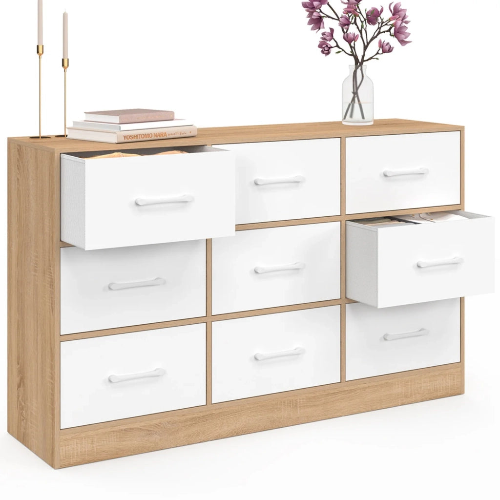 IDMarket - Cassettiera in tessuto a 9 cassetti UPPAH 113 cm in faggio e bianco