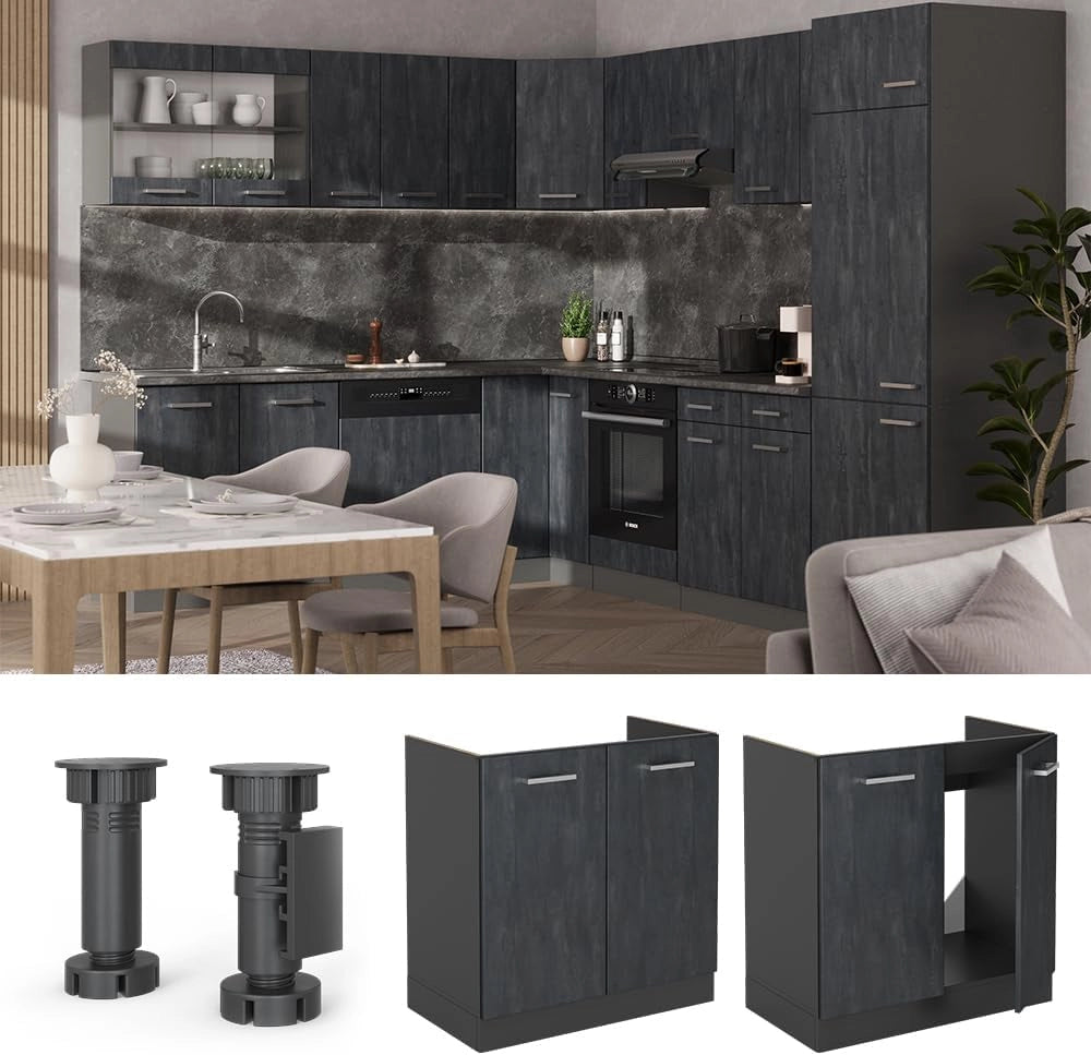 Mobile lavello cucina R-Line, Calcestruzzo nero, 80 cm PT Rovere, per la libera combinazione all'interno di sistemi cucina modulari