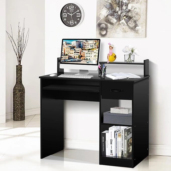 Scrivania da Studio con Cassetti, Tavolo Porta PC per Computer Moderno, con Ripiani, Legno (Nero)