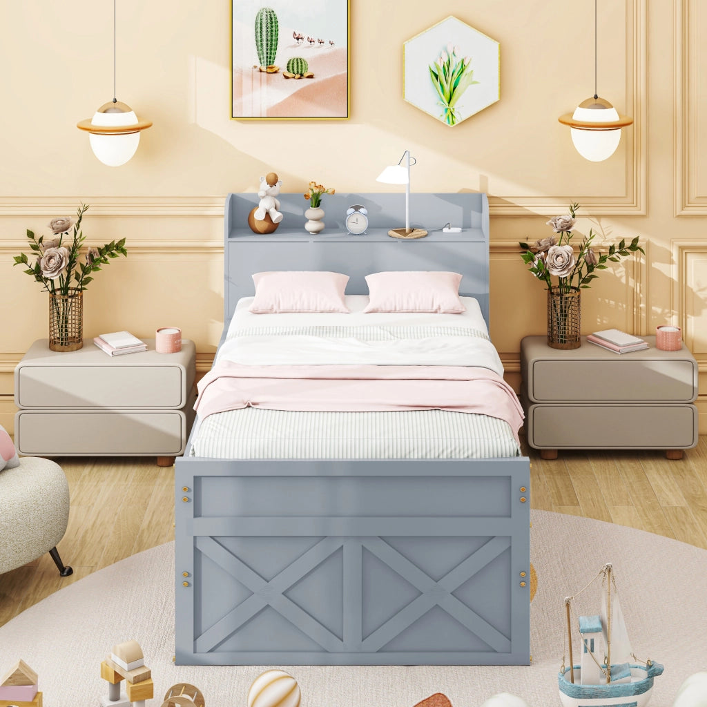 OKWISH Letto estraibile 90×190 cm, Letto Singolo con 2 Cassetti, USB e Comodino con Ripiano, senza Materasso, in Legno Massello, Grigio