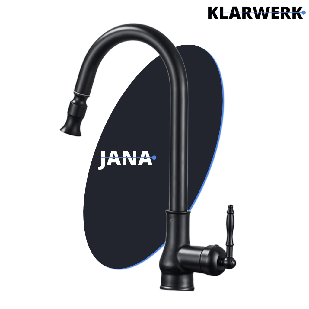 JANA | Rubinetto da cucina estraibile vintage in acciaio inossidabile nero antico | miscelatore arco alto |alta pressione ruotabile a 360° 2 attacchi