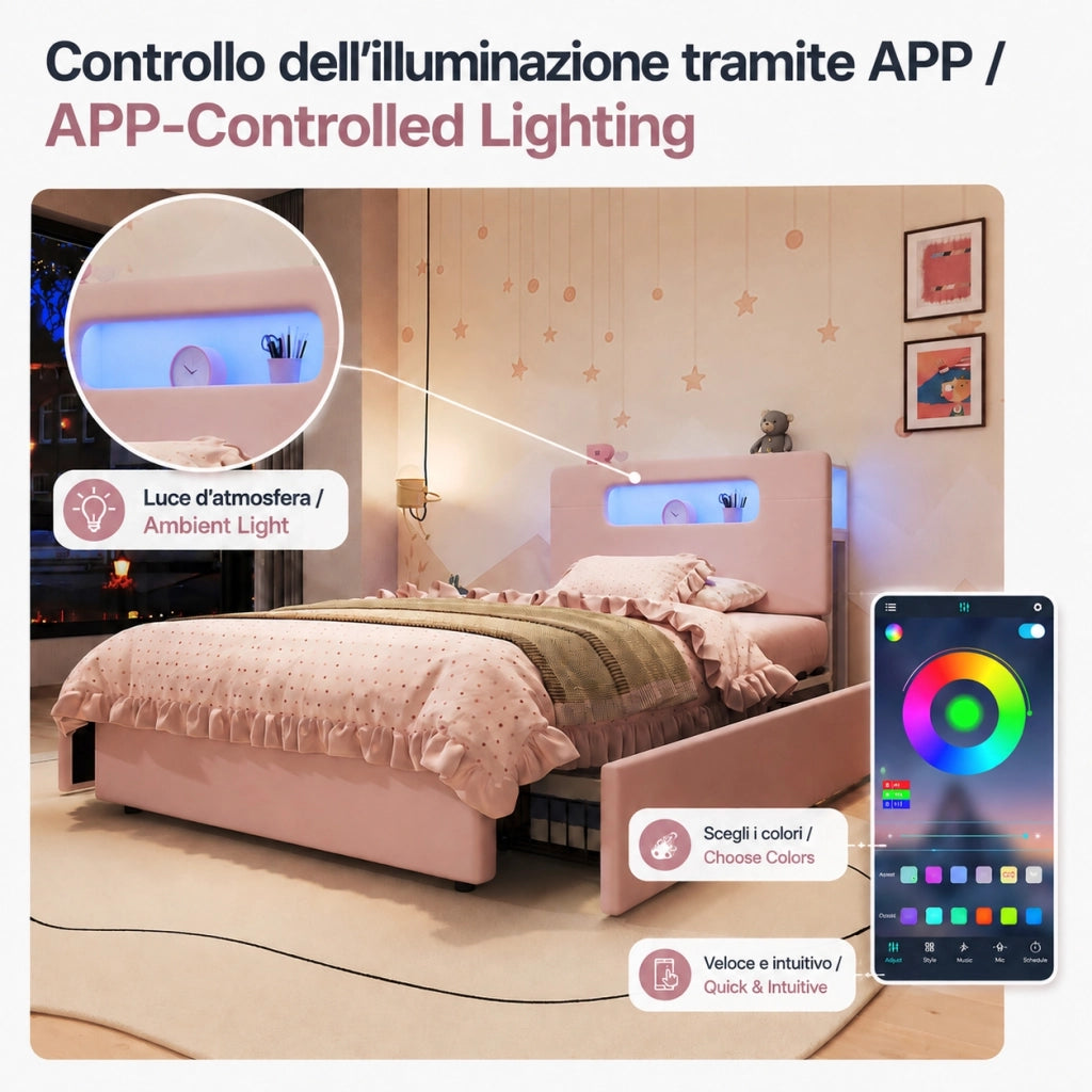 Letto imbottito rosa 90x200 cm con quattro cassetti laterali; velluto