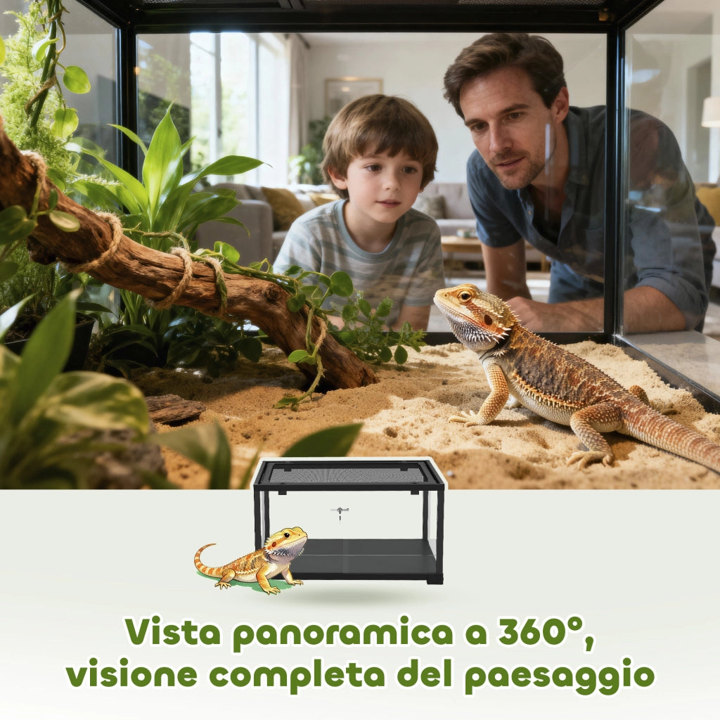 Rettilario Rialzato 60x45x32 cm con Doppia Serratura e Pareti in Vetro Nero