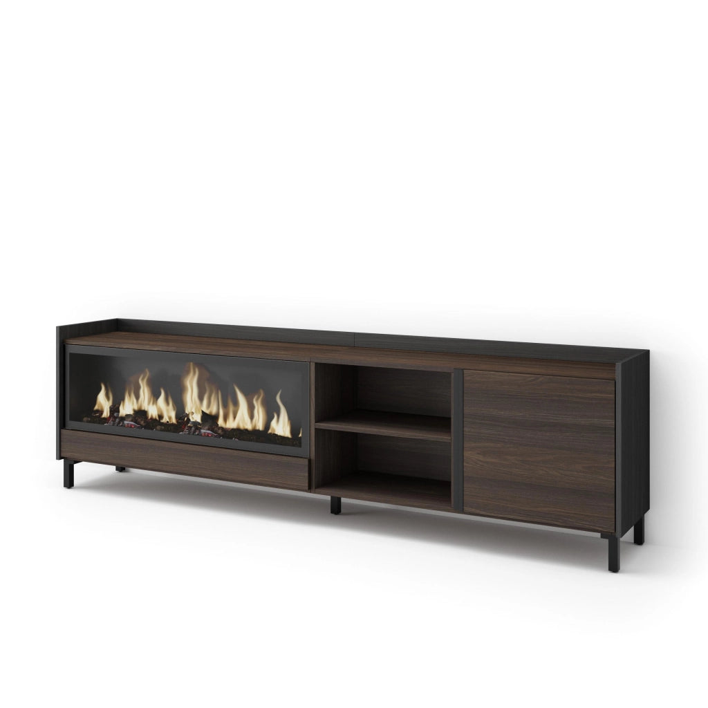 Mobile TV Soggiorno, 212x61x35 cm, Per TV fino a 80", Camino elettrico XXL, Design industriale, Rovere scuro e Nero