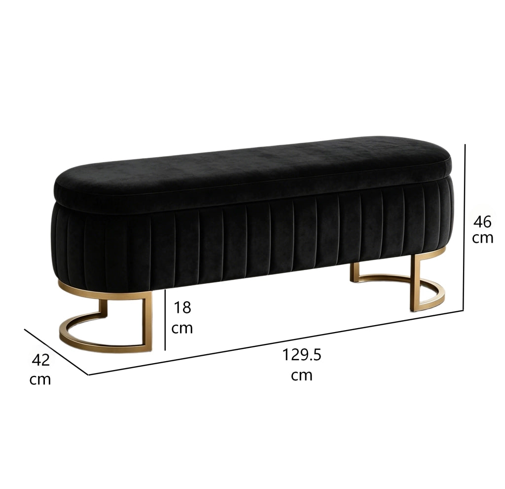 Panca contenitore ai piedi del letto in velluto con spazio contenitivo e gambe in metallo dorato, nero 130 cm