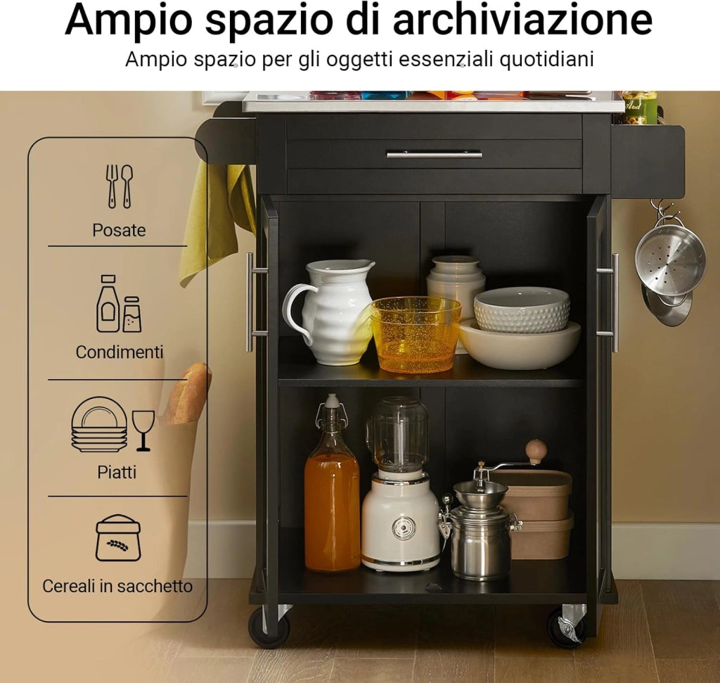 Mobile Cucina Salvaspazio Carrello Cucina con Ruote Mobiletto Cucina Dispensa Credenza Cucina Madia Cucina Isola Cucina 80×46×90 cm Nero FKW110‑SCH