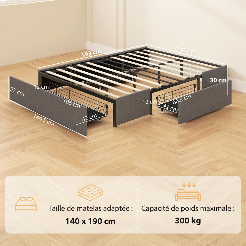 Letto contenitore matrimoniale imbottito con 3 cassetti e rete a doghe ¨C zephmum ¨C grigio 140x190 cm