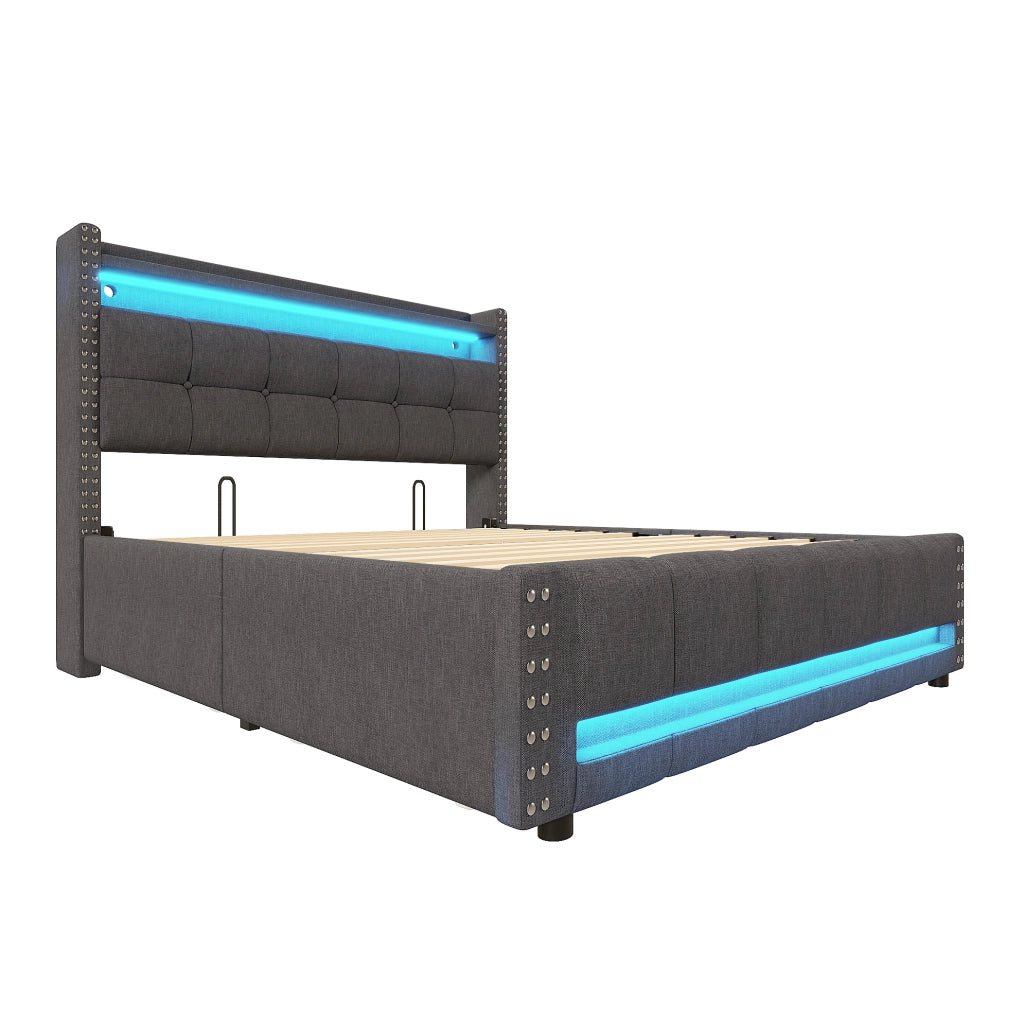 Letto matrimoniale imbottito 160x200 cm con LED, USB, contenitore e 4 cassetti