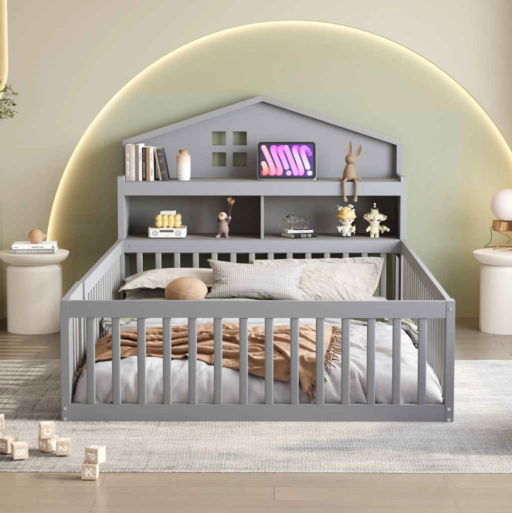 Letto per bambini a forma di casa 140x200 cm in legno massello grigio; con contenitore e rete a doghe