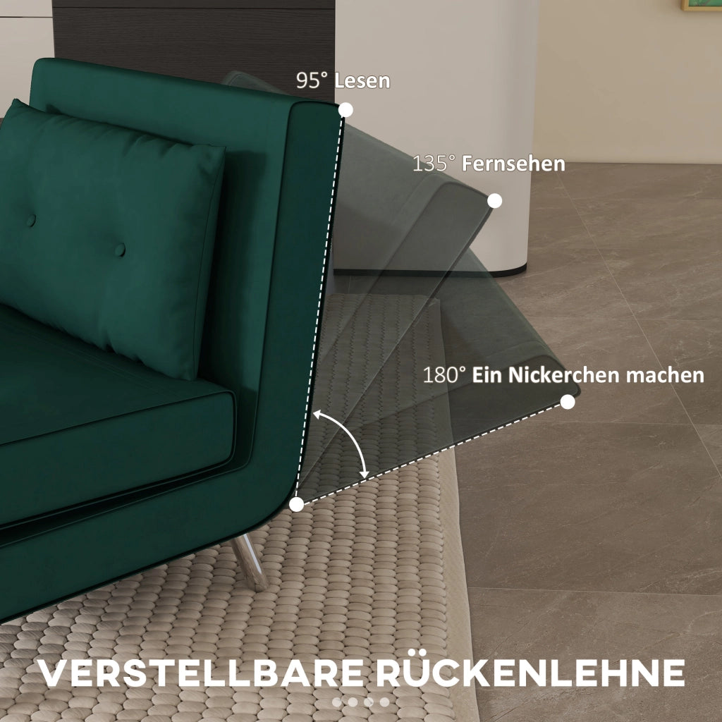 Fauteuil convertible 3 in 1 con schienale regolabile a 180° e cuscino, con gambe in acciaio, in poliestere verde scuro