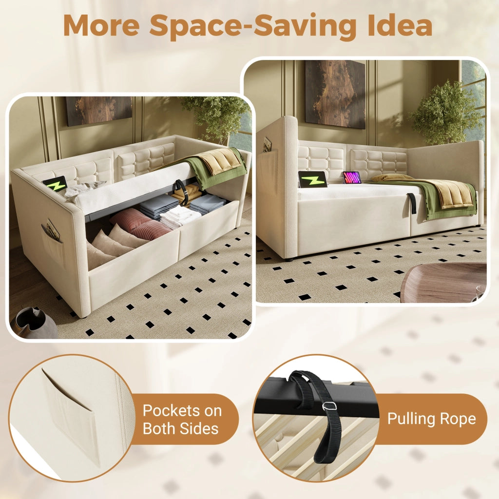 Letto imbottito 90x200 cm con contenitore idraulico; USB e Type-C; velluto beige