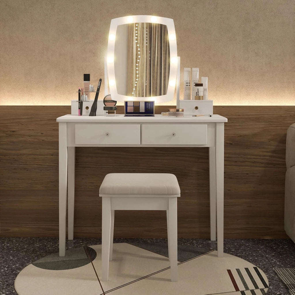 GIANTEX Set Toeletta Trucco con Specchio Illuminato, Tavolo da Trucco 2-in-1 con Luci LED a 3 Colori, 4 Cassetti, Specchio Rotante, Tavolo da Trucco con Sgabello Imbottito, Bianco