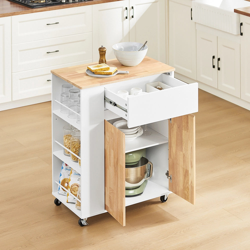 SoBuy Carrello da Cucina con Ruote, Isola da Cucina con Piano di Lavoro in Legno di Gomma, Mobile Cucina Salvaspazio, Carrello Cucina con Cassetti 70x40x90 cm Bianco FKW132-WN