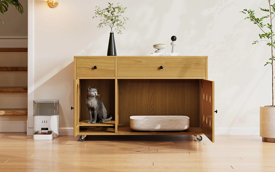 Mobile copri lettiera per gatti con cassetti e vassoio raccogli-sabbia, 100x45x66 cm, colore naturale