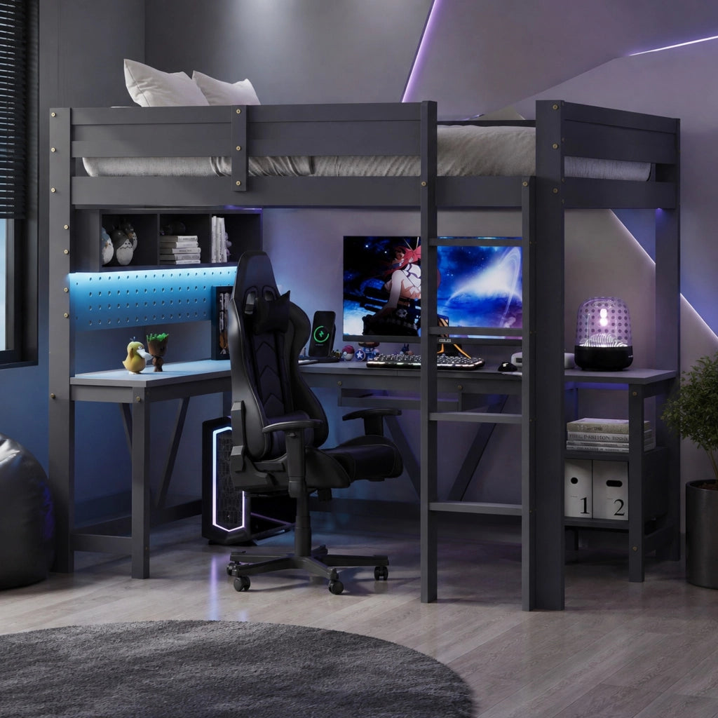 Letto a soppalco 205x95x170 cm con scrivania e LED; legno grigio
