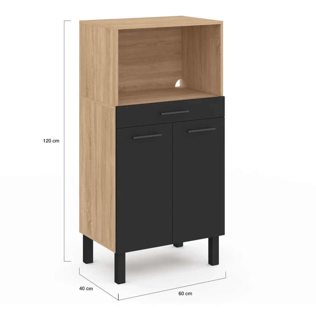 IDMarket - Credenza CINA 60 cm in faggio e nero per microonde di fascia media con 1 cassetto e 2 ante