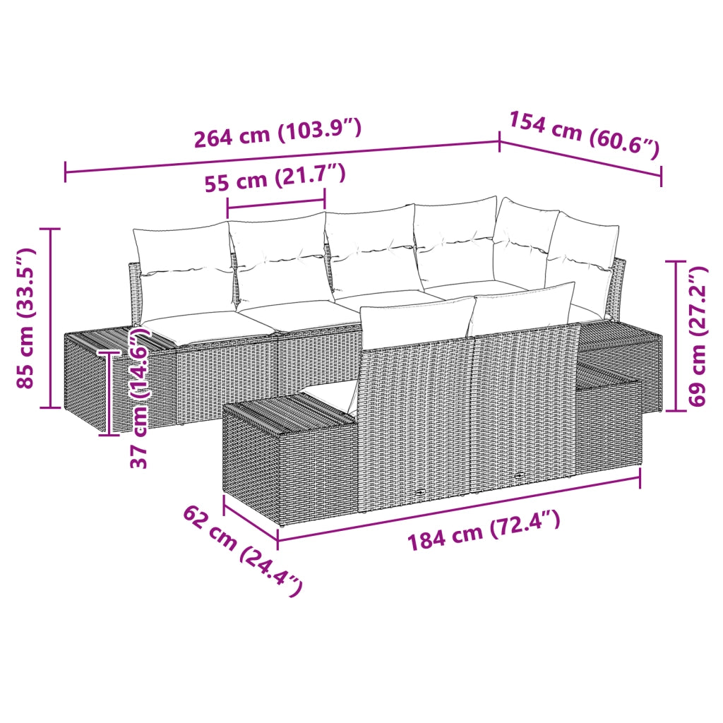 Set Divano da Giardino 7 Pezzi con Cuscini Grigio Polyrattan
