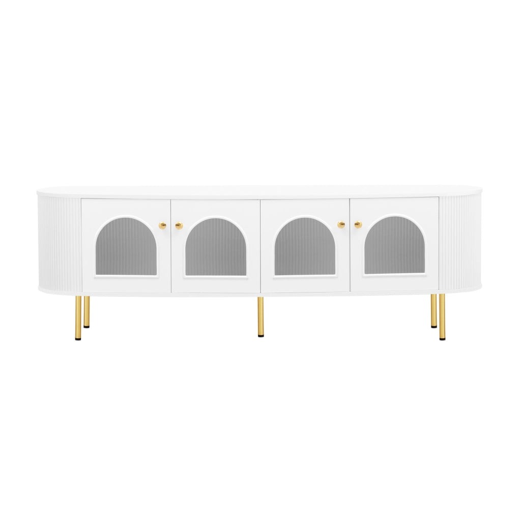 Mobile porta TV con 4 ante in vetro, bordi arrotondati, passacavi, MDF bianco e oro 170 × 35 × 55 cm