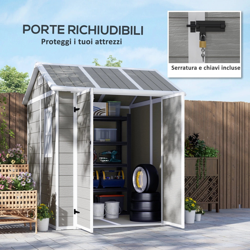 Casetta Box da Giardino 180x180 cm con Pavimento 2 Porte con Blocco e Finestra in Resina Grigio