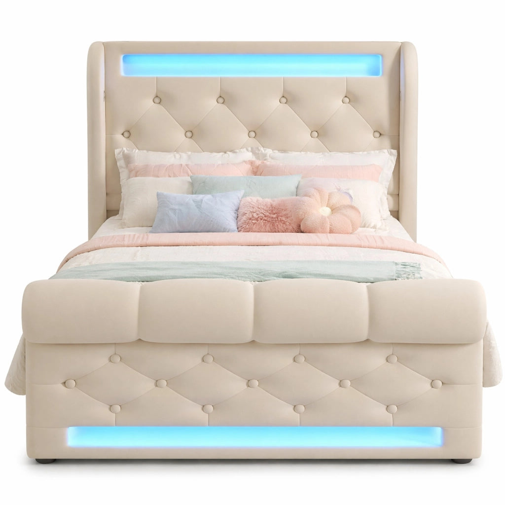 Letto contenitore 90x200 cm in velluto beige, LED, USB-C, senza materasso