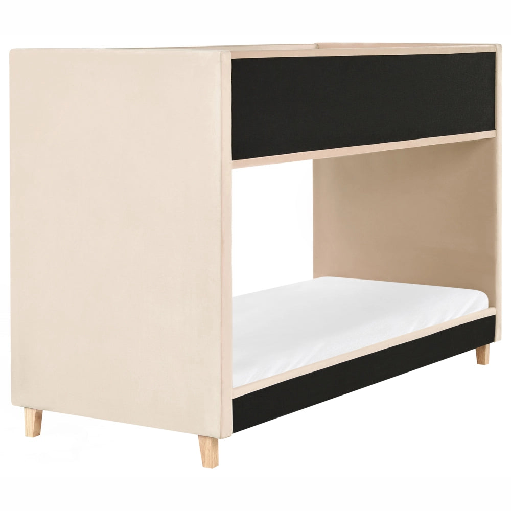 Letto a castello 3 piedi per bambini alto imbottito in velluto e scaletta in in legno di pioppo beige chiaro 90x200 cm cameretta