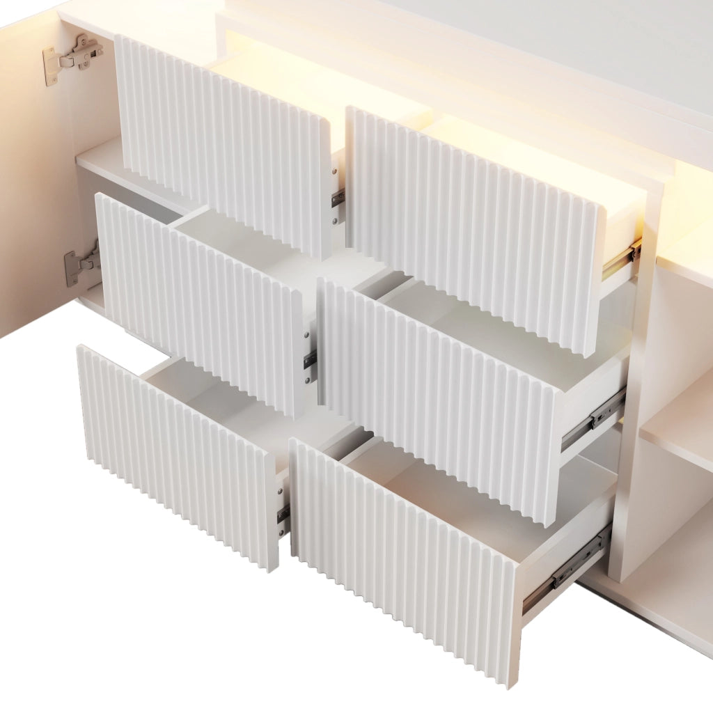 Credenza moderna con LED, 6 cassetti, 2 ante e vano aperto, per soggiorno, in MDF e metallo bianco, 150 × 40 × 78 cm