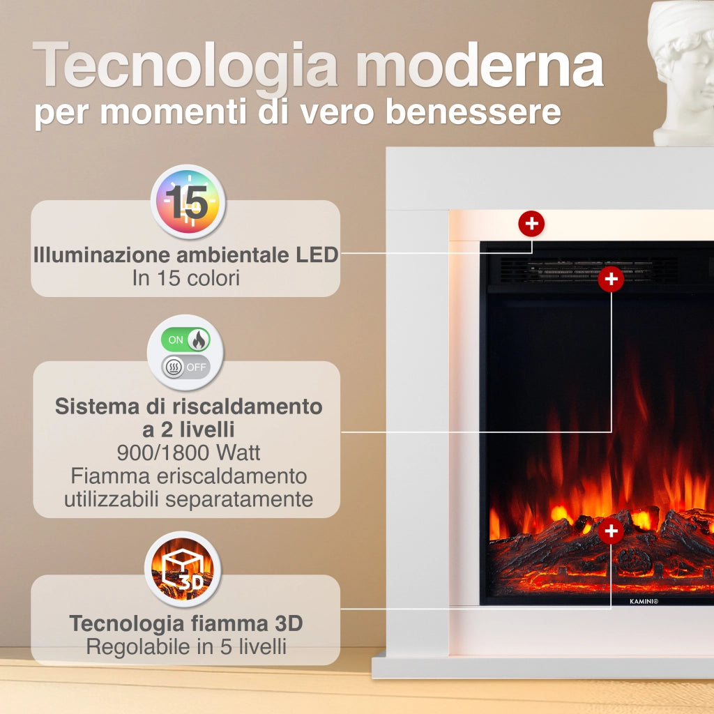 KAMINIO Camino elettrico MATTI - Caminetto da pavimento con riscaldamento, effetto fiamma 3D, luce ambiente a LED, telecomando - 32 pollici, Bianco