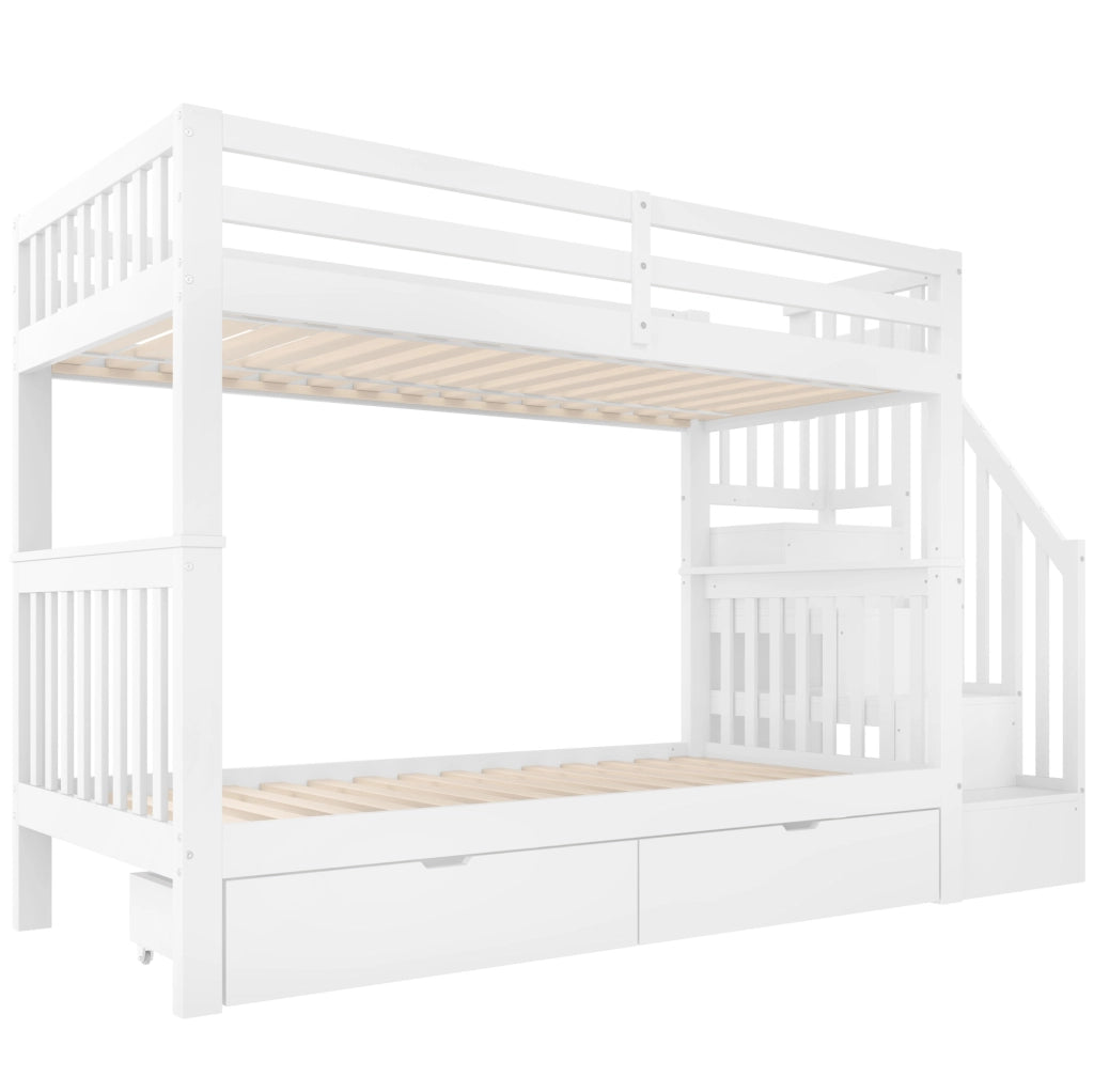 Letto a castello 90x200 cm con scala contenitore e 2 cassetti