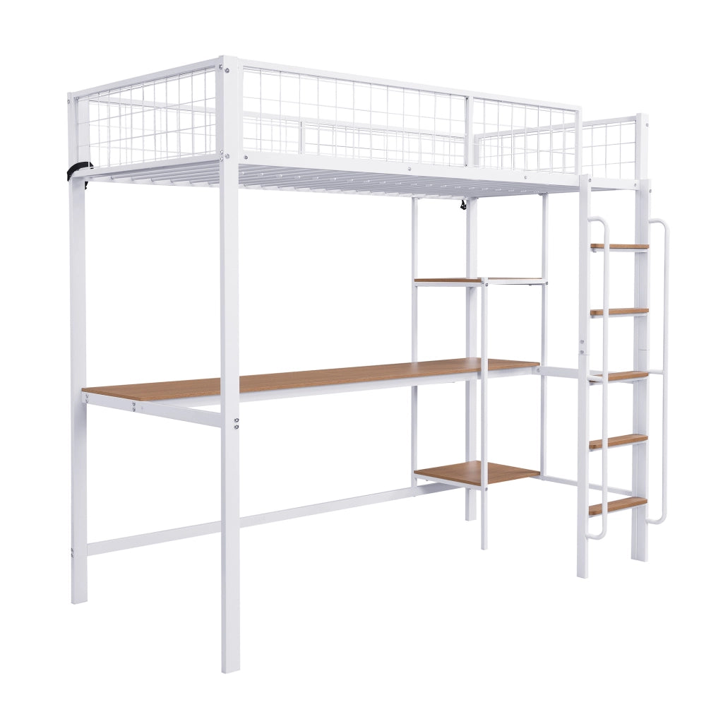 Letto a castello in metallo con tavolo e ripiani; 90x200 cm; bianco/naturale