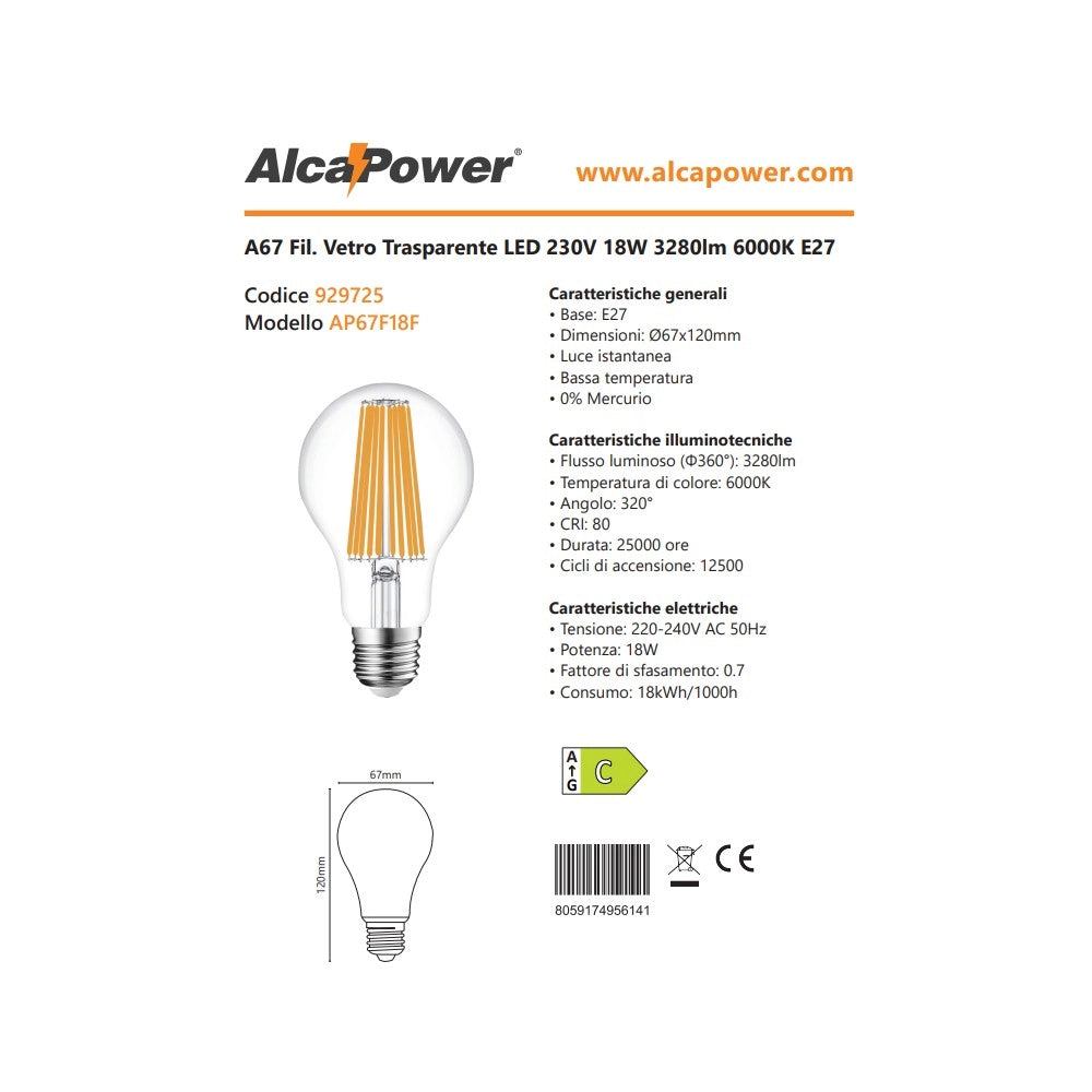 Alca power a67 18w 220v 3280lm 6000k e27 lampada classica a filamento a led