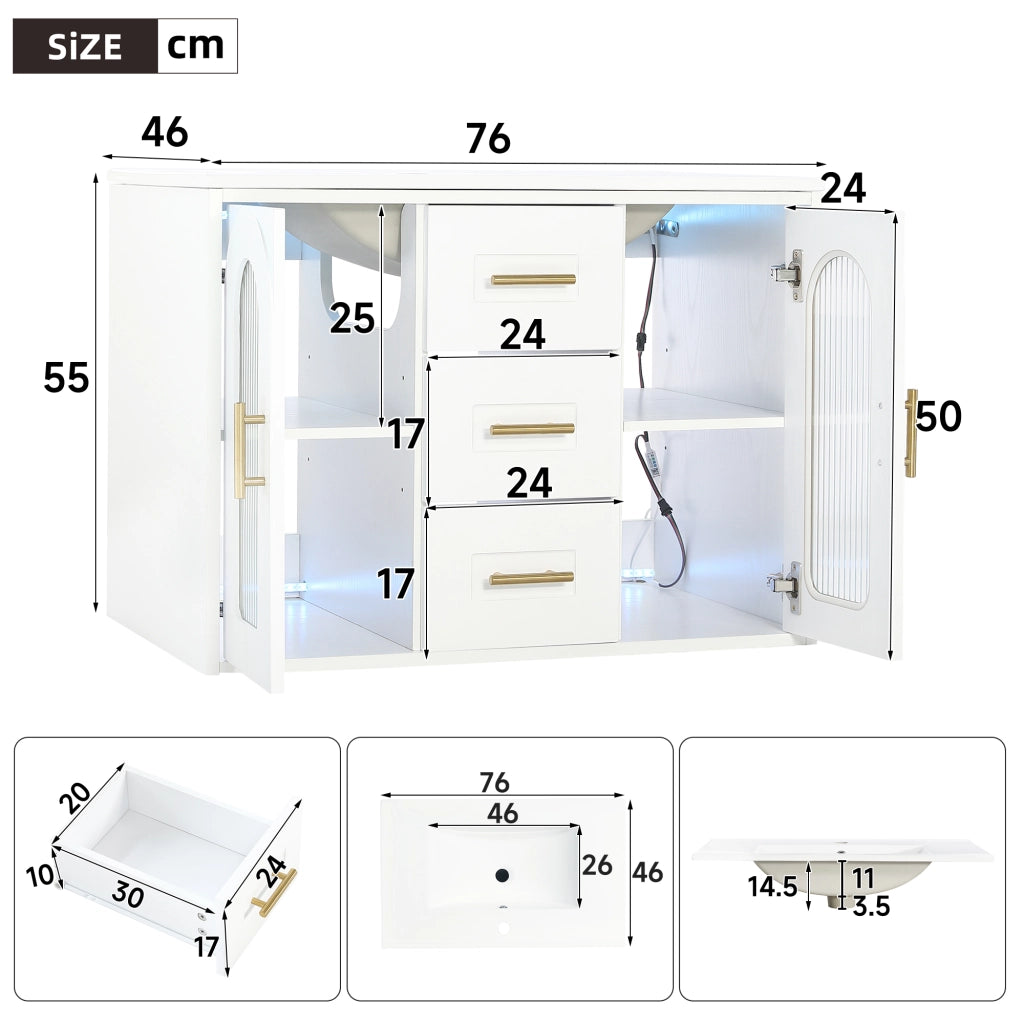 Mobile sottolavabo da bagno con 2 cassetti 2 armadietti LED e lavabo ceramica bianco 76 × 46 × 55 cm