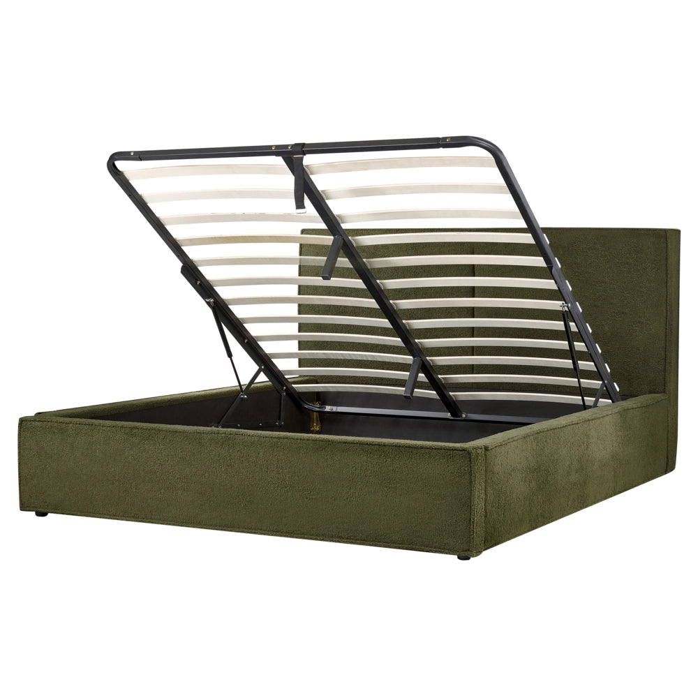Letto king size 160 x 200 cm Verde Scuro Rivestimento in bouclé Ottomana di contenitore Telaio a doghe Camera da letto moderna contemporanea