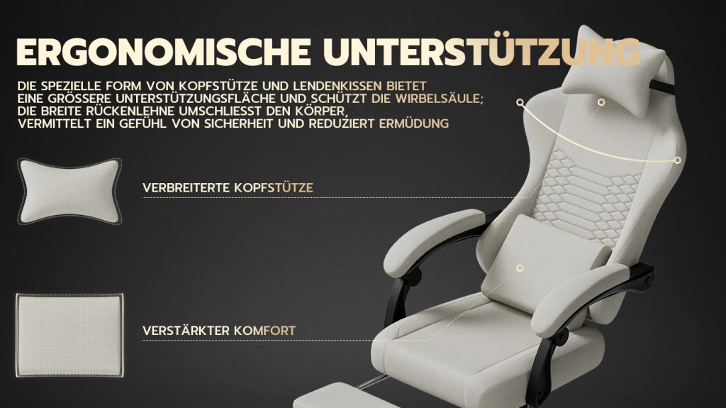 Sedia da ufficio ergonomica con poggiatesta supporto lombare braccioli coordinati e poggiapiedi in tessuto bianco