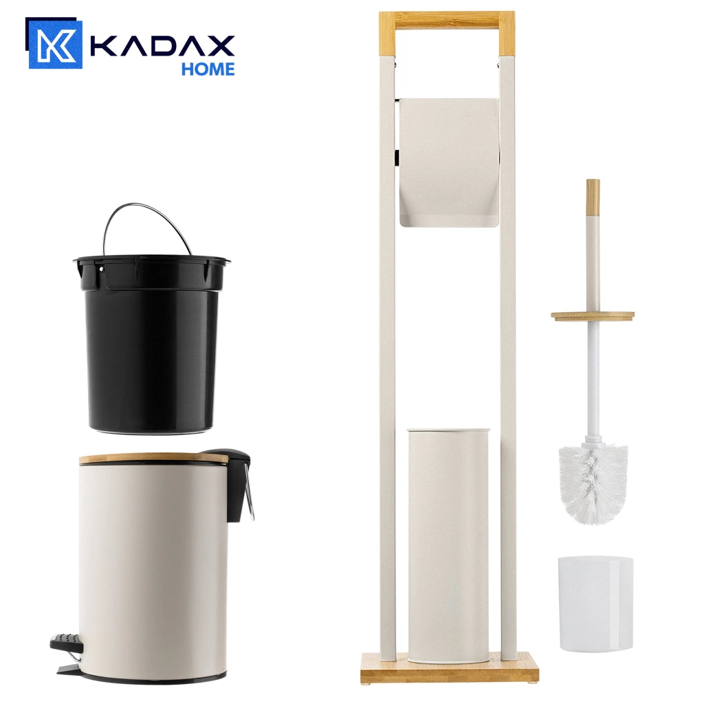 Set da bagno KADAX beige con cestino, portarotolo e scopino.