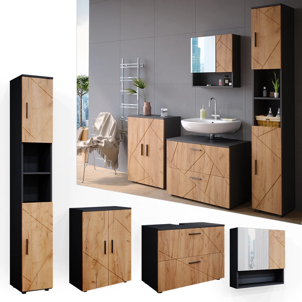 Vicco Set mobili bagno Quercia dorata/antracite 4 pezzi, con cassettiera e mobile midi
