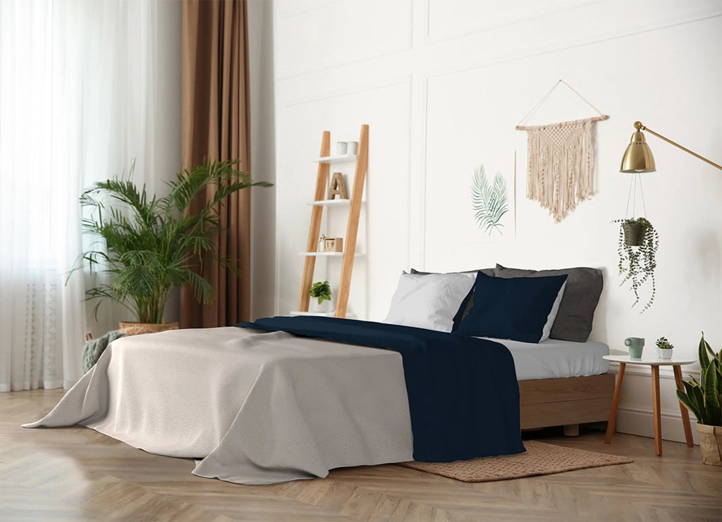 Set Lenzuola Sopra Sotto e Federe Doubleface Blu Scuro/Grigio Chiaro Matrimoniale