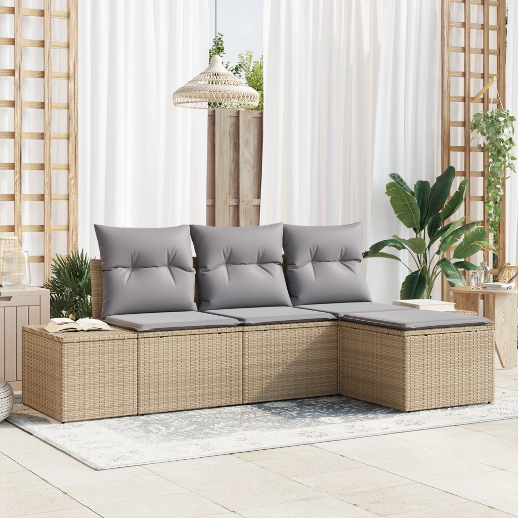 Set Divano da Giardino 4 Pezzi con Cuscini Beige Rattan Sintetico