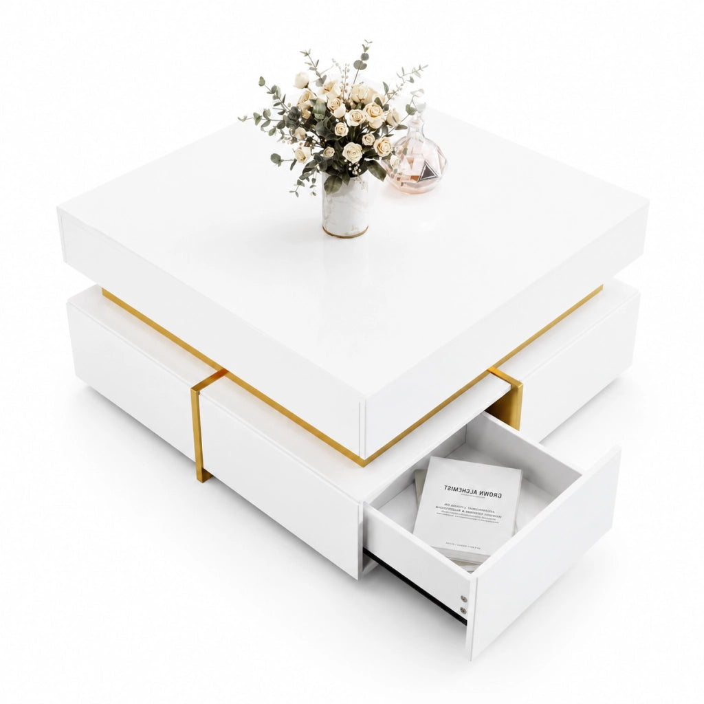 Tavolino da salotto 70x70x35.5 cm; piano lucido con due cassetti; truciolare bianco