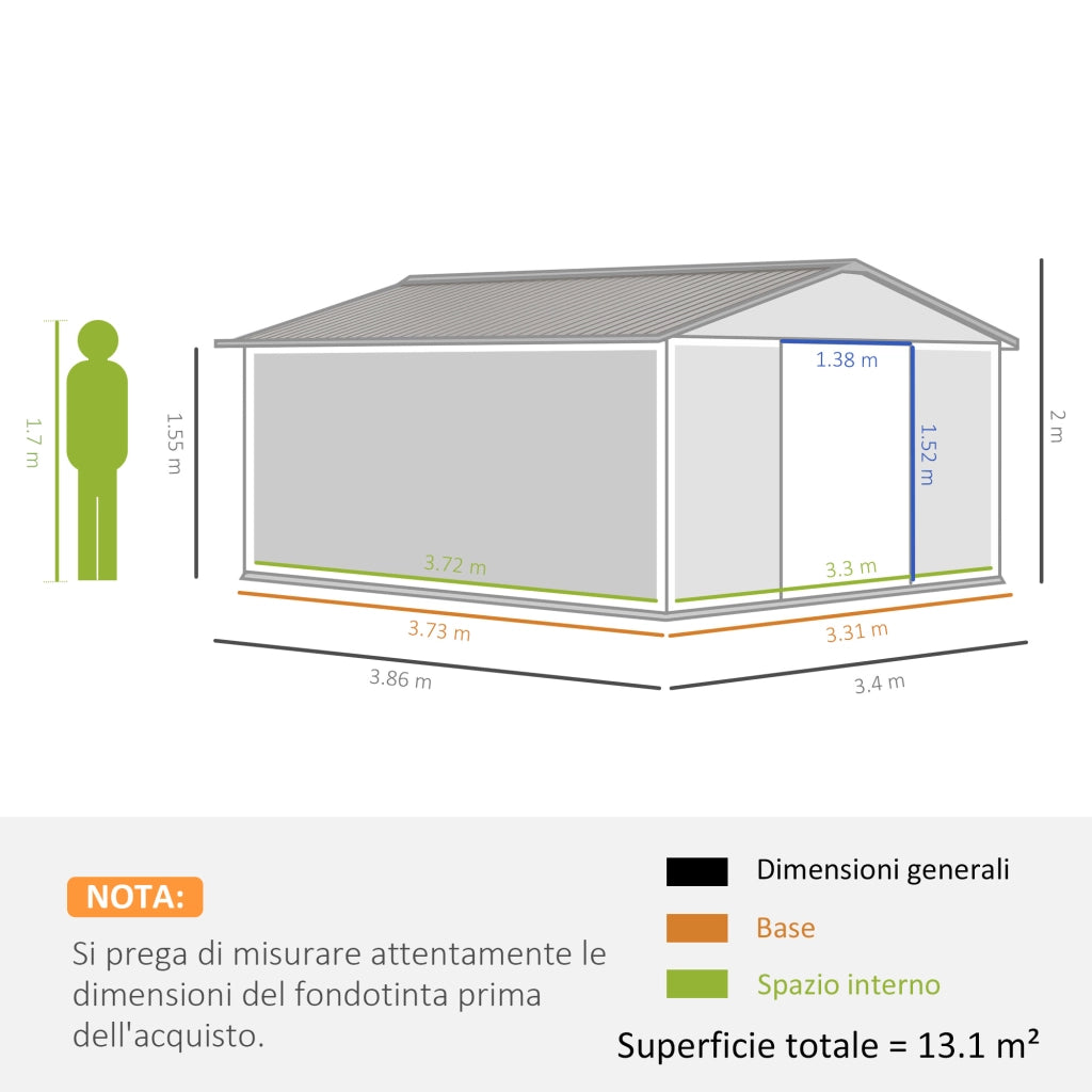 EasyComfort Casetta da Giardino con Porte Scorrevoli e Tetto Inclinato, in Acciaio, 340x386x200 cm, Grigio